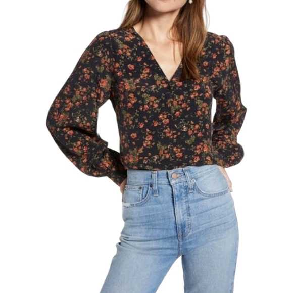 SOMETHING NAVY Woman's Sm Balloon Sleeve VNeck Button Front Black Floral Blouse - Picture 1 of 14